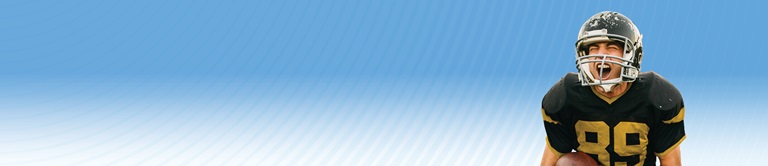 Young football player in full gear yelling excitedly in front of a blue gradient graphic